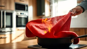 Using a fire blanket to extinguish a kitchen fire, demonstrating safety and preparedness.