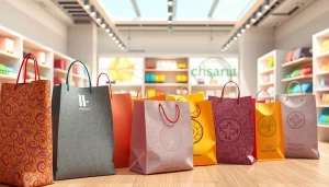 Showcase of custom packaging bags with vibrant designs in a retail setting.