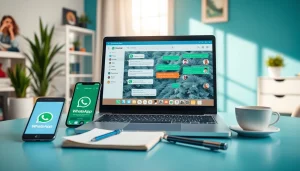 笔记本电脑上显示 WhatsApp网页版的互动界面，展示消息功能和舒适的工作区。