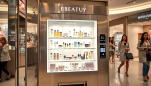 Luxury beauty vending machine displaying premium skincare and makeup products in a stylish retail setting.