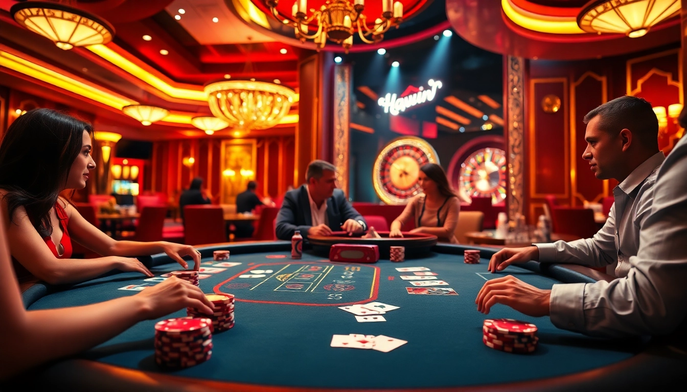 Engaging scene of players at Haywin's poker table, showcasing chips and cards in a luxurious casino setting.