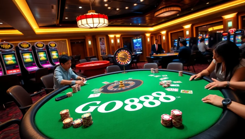 Players enjoying a thrilling game at the GO88 casino poker table, surrounded by vibrant gambling elements.