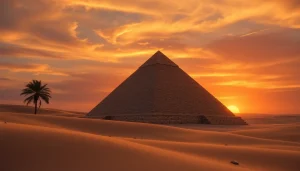 Pyraminds standing under a vibrant sunset in a serene desert landscape.