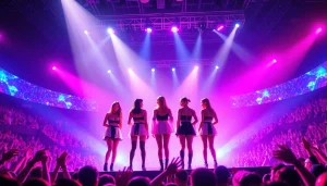 BLACKPINK news highlights members performing live with an energetic crowd during a concert.