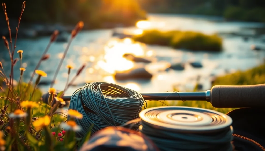 High-quality fly fishing line beside a fishing rod on a riverbank during golden hour.