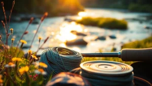 High-quality fly fishing line beside a fishing rod on a riverbank during golden hour.