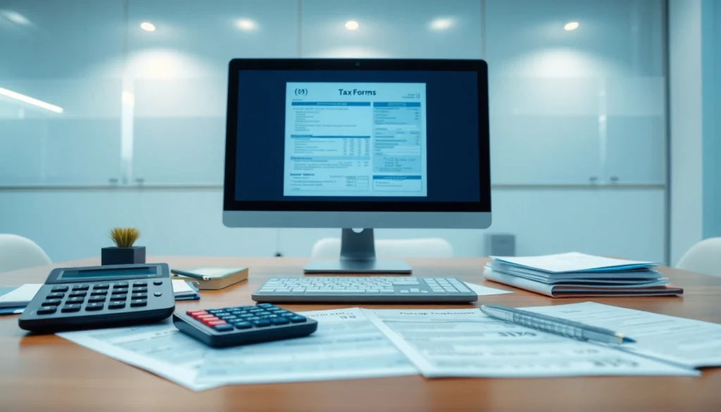 Efficient tax filing process in a professional office setting, showcasing organized documents and a computer.