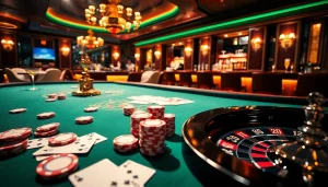Engage with hidden wiki links at an upscale poker table within a vibrant casino gaming room.