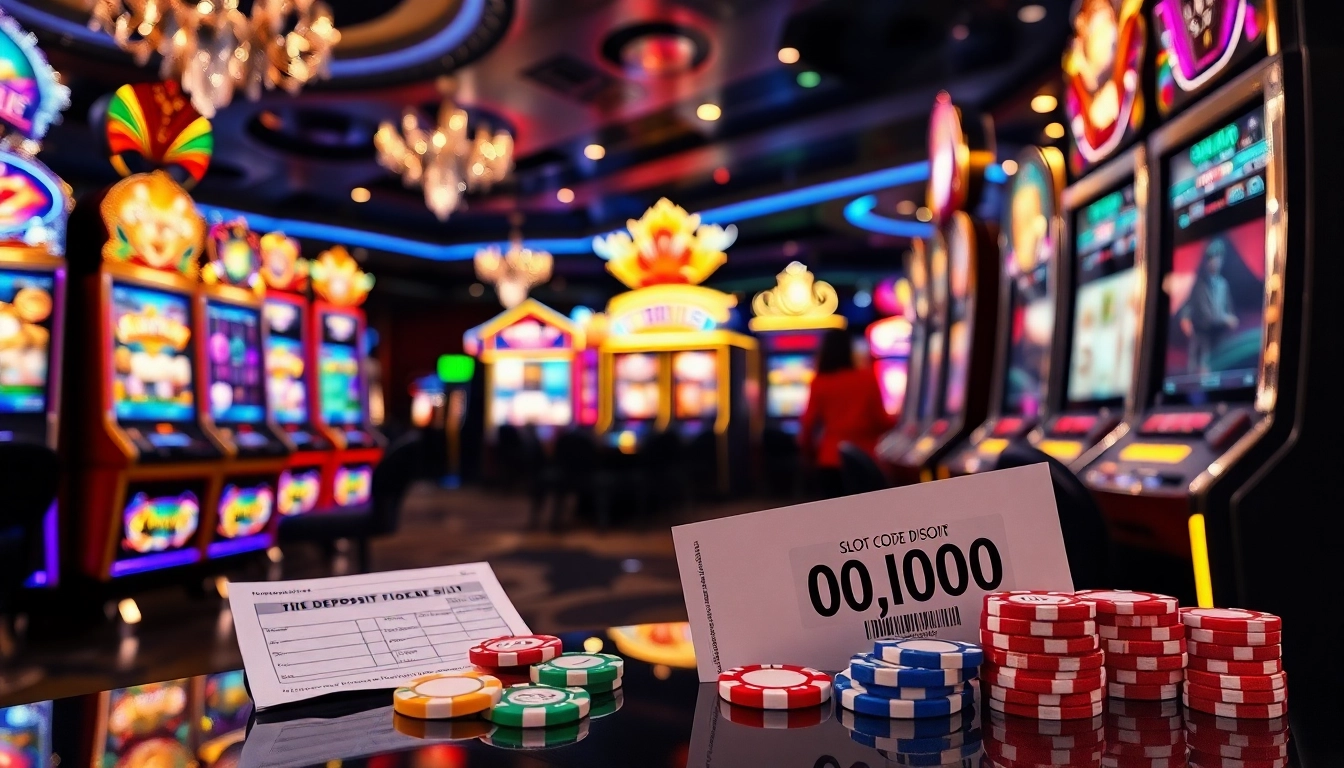 Adegan menarik yang menampilkan mesin slot yang penuh warna dengan fokus pada deposit slot 1000, dilengkapi chip berwarna-warni dan slip taruhan.