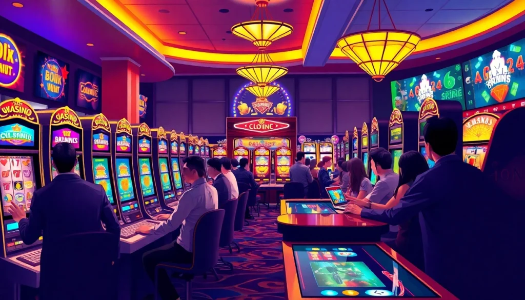 depozitsiz Mostbet oynamaq üçün interaktiv kazino mühiti, oyunçuların slot aparatları ilə oynadığını nümayiş etdirir.