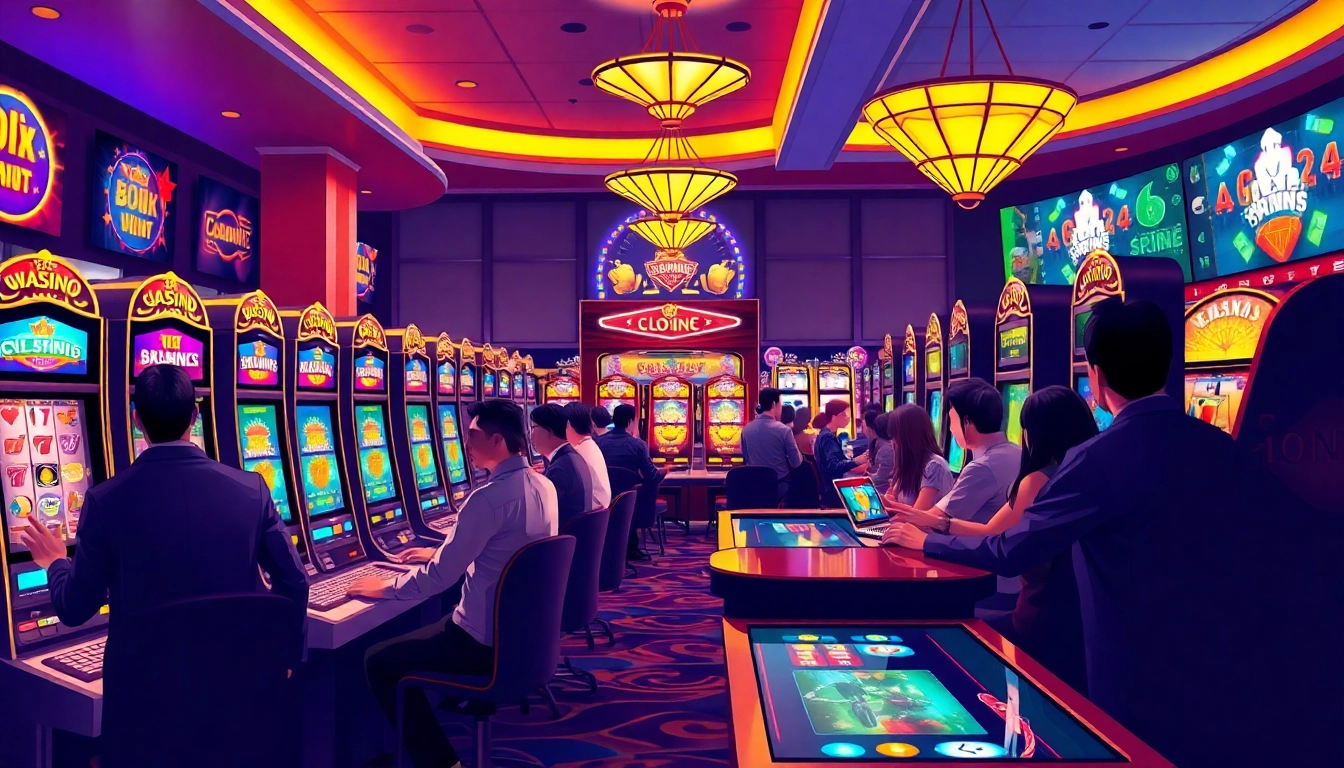 depozitsiz Mostbet oynamaq üçün interaktiv kazino mühiti, oyunçuların slot aparatları ilə oynadığını nümayiş etdirir.