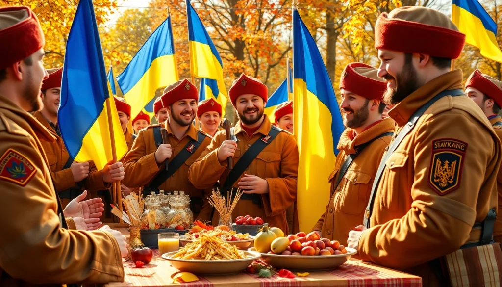 Celebrating вітання з днем козацтва with proud Ukrainian soldiers and autumn scenery.