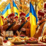 Celebrating вітання з днем козацтва with proud Ukrainian soldiers and autumn scenery.
