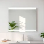 Reflecting an elegant bathroom mirror with LED lighting in a modern bathroom setting.