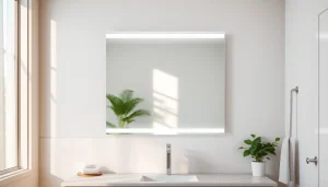 Reflecting an elegant bathroom mirror with LED lighting in a modern bathroom setting.