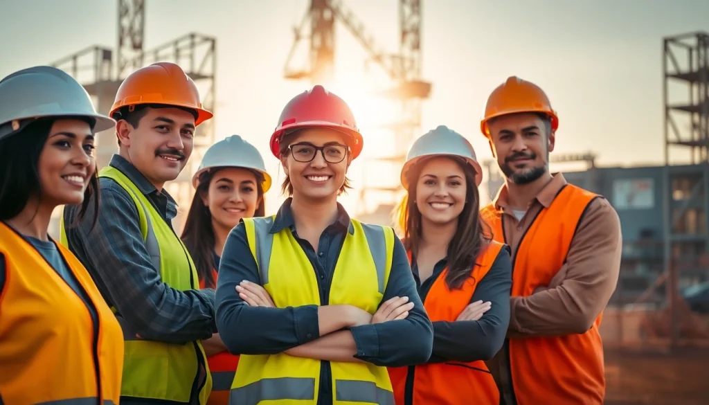 Highlighting careers in construction, a diverse team works together on a busy job site.