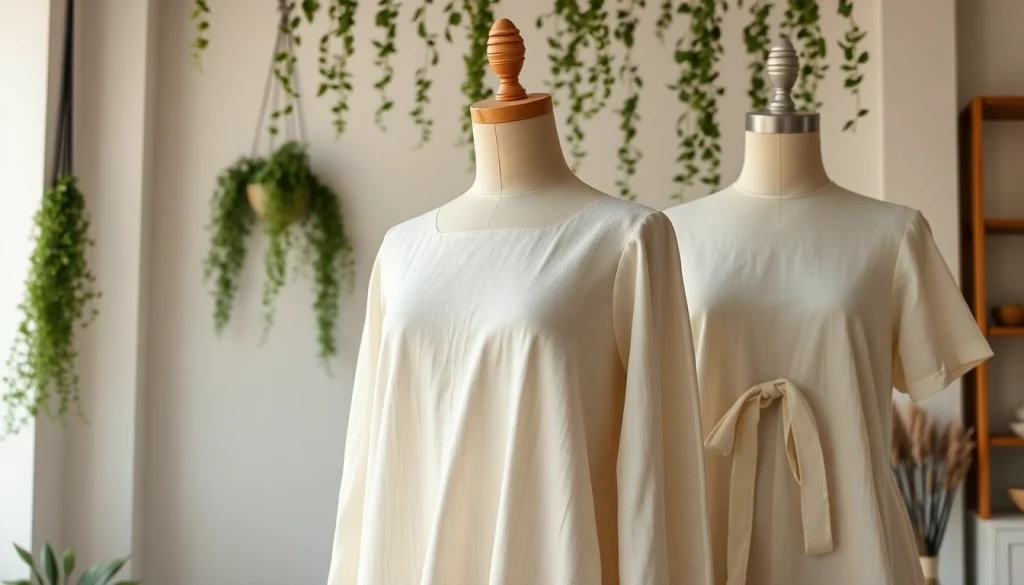 Stijlvolle linnen jurken gepresenteerd op een vintage mannequin in een boutique.