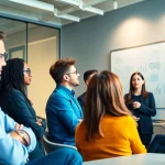 Engaged clients with a business coach near me in a modern office setting fostering collaboration.