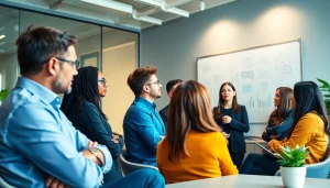 Engaged clients with a business coach near me in a modern office setting fostering collaboration.