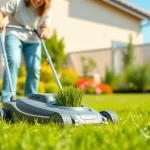 Electric lawn mower cordless in action, mowing a lush green lawn in a sunny garden setting.