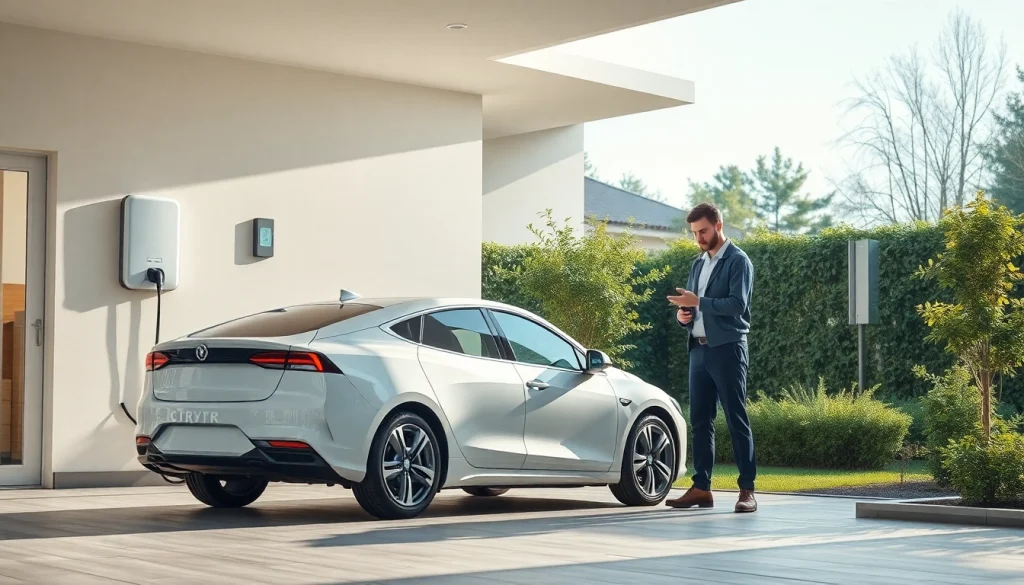 EV Charger Install Cost with a professional installation scene depicting a sleek charger and electric vehicle.