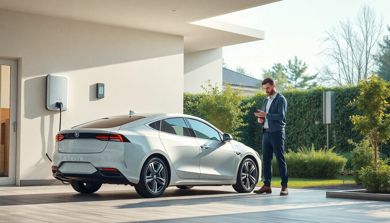 EV Charger Install Cost with a professional installation scene depicting a sleek charger and electric vehicle.