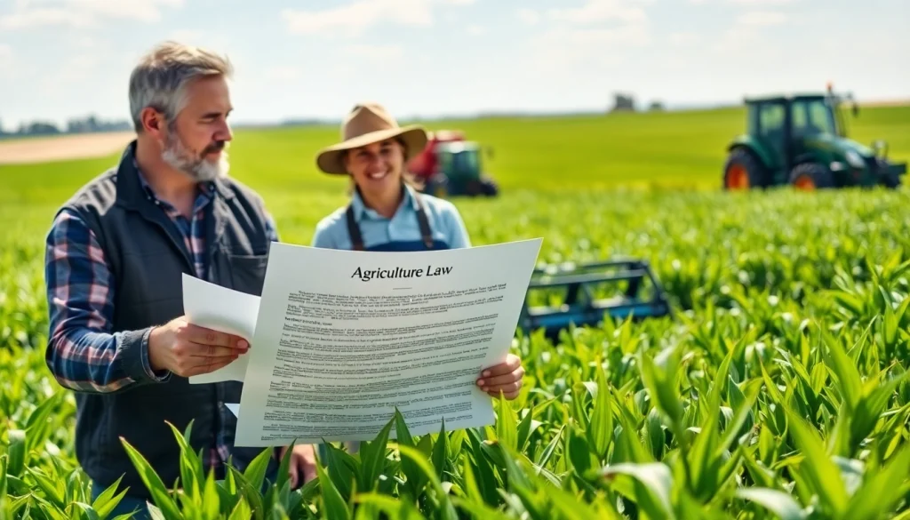 Understanding agriculture law with a farmer consulting a lawyer alongside lush fields.