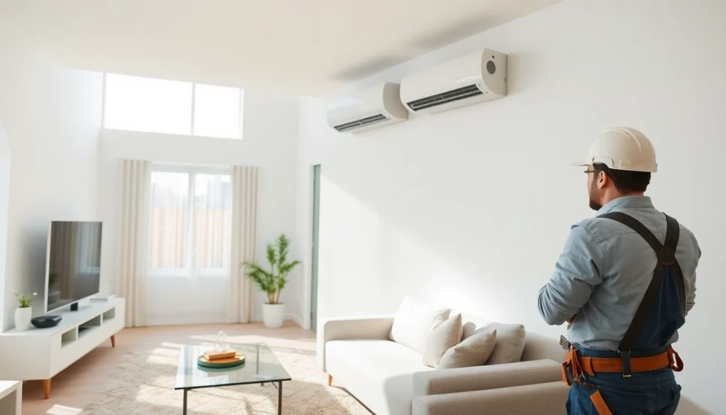 Efficient ductless mini-split installation performed by a professional technician in a modern living room.