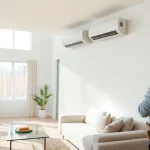Efficient ductless mini-split installation performed by a professional technician in a modern living room.