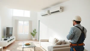Efficient ductless mini-split installation performed by a professional technician in a modern living room.