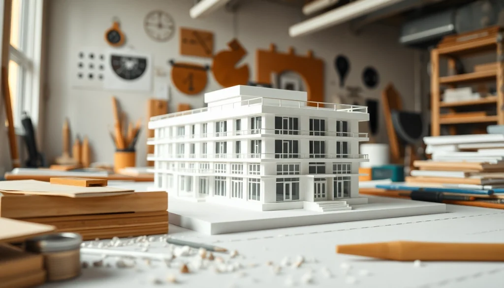 Architekturmodellbau Bremen: Ein detailliertes 3D-Modell in einem kreativen Arbeitsumfeld.