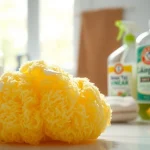 How to clean a loofah using natural methods with fresh cleaning supplies displayed.