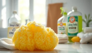 How to clean a loofah using natural methods with fresh cleaning supplies displayed.