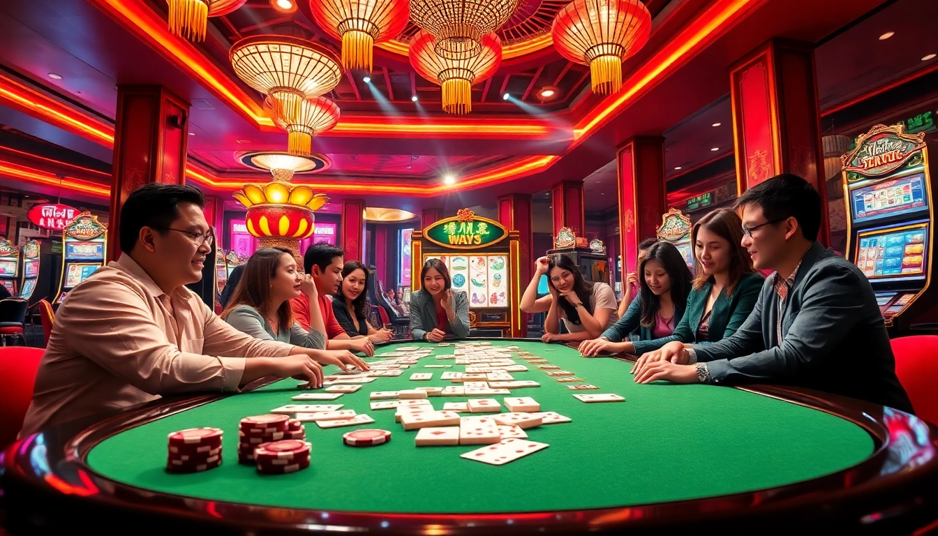 Pemain yang terlibat menikmati permainan Mahjong Ways 2 yang penuh warna di mesin slot kasino mewah.