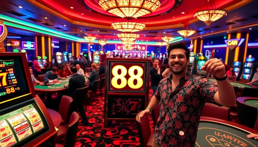 Experience the thrill of winning at the GO 88 casino with vibrant gaming tables and excited players.