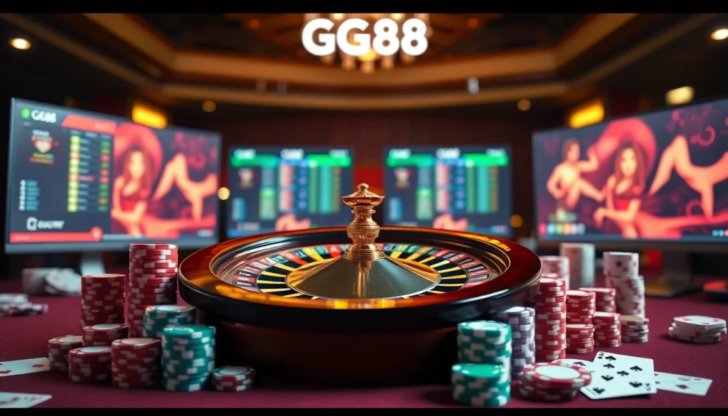 Experience the thrill of gambling at GG88 with a vibrant casino scene showcasing roulette, chips, and cards.