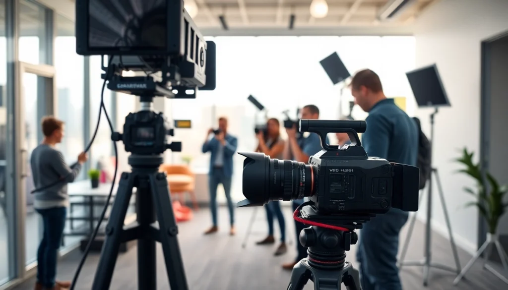 Optimize corporate video production Calgary with a dynamic professional filming setup in a bright office.