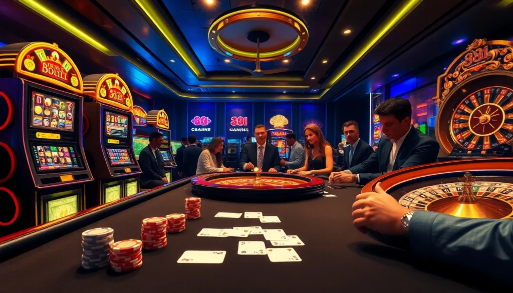 Gambling at 88i casino featuring poker chips, slot machines, and a roulette wheel in a luxurious setting.