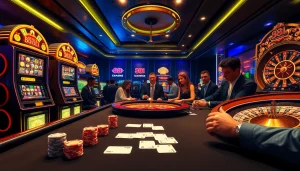 Gambling at 88i casino featuring poker chips, slot machines, and a roulette wheel in a luxurious setting.