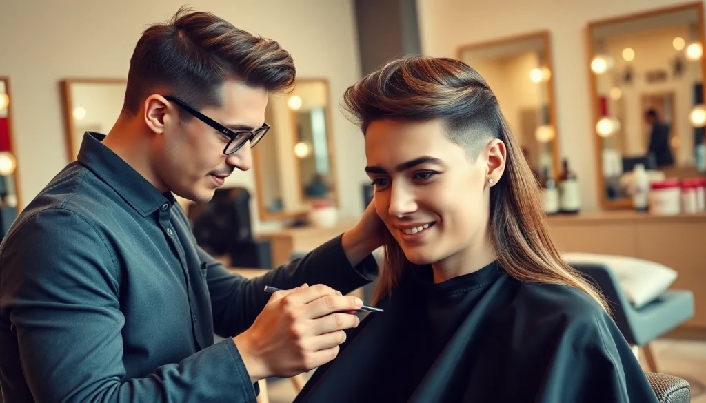 Skilled stylist at frizerie craiova creating a modern haircut in a vibrant salon.