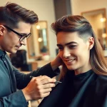 Skilled stylist at frizerie craiova creating a modern haircut in a vibrant salon.