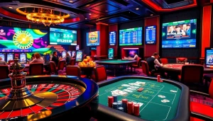 Real-time ผลบอลสด updates enhance the excitement at the casino, featuring lively betting activity and vibrant gaming tables.