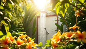 Enjoying a sunny shower in a beautiful outdoor setting surrounded by nature.