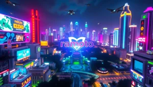 Ramtoto logo in vibrant gaming landscape with neon colors and futuristic elements.