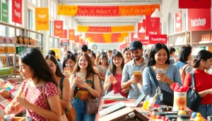 Shoppers engaging with diverse products at www.tuut.shop/en-SA in a vibrant marketplace.