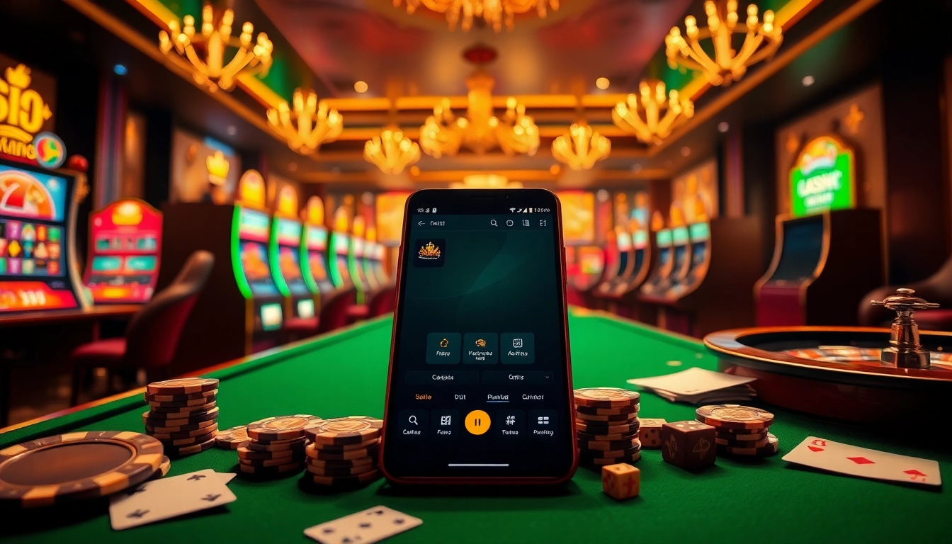 Playing with the kiss918 apk on a smartphone surrounded by casino elements like chips and cards.