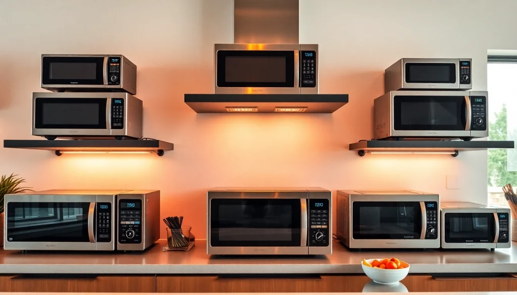 Promote microwave oven sales with a diverse display of stylish models in a contemporary kitchen.