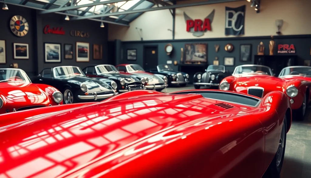 Showcase of PRA Classic Cars in a vintage showroom highlighting luxury and elegance.