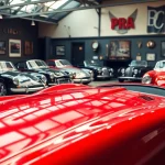 Showcase of PRA Classic Cars in a vintage showroom highlighting luxury and elegance.