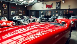Showcase of PRA Classic Cars in a vintage showroom highlighting luxury and elegance.